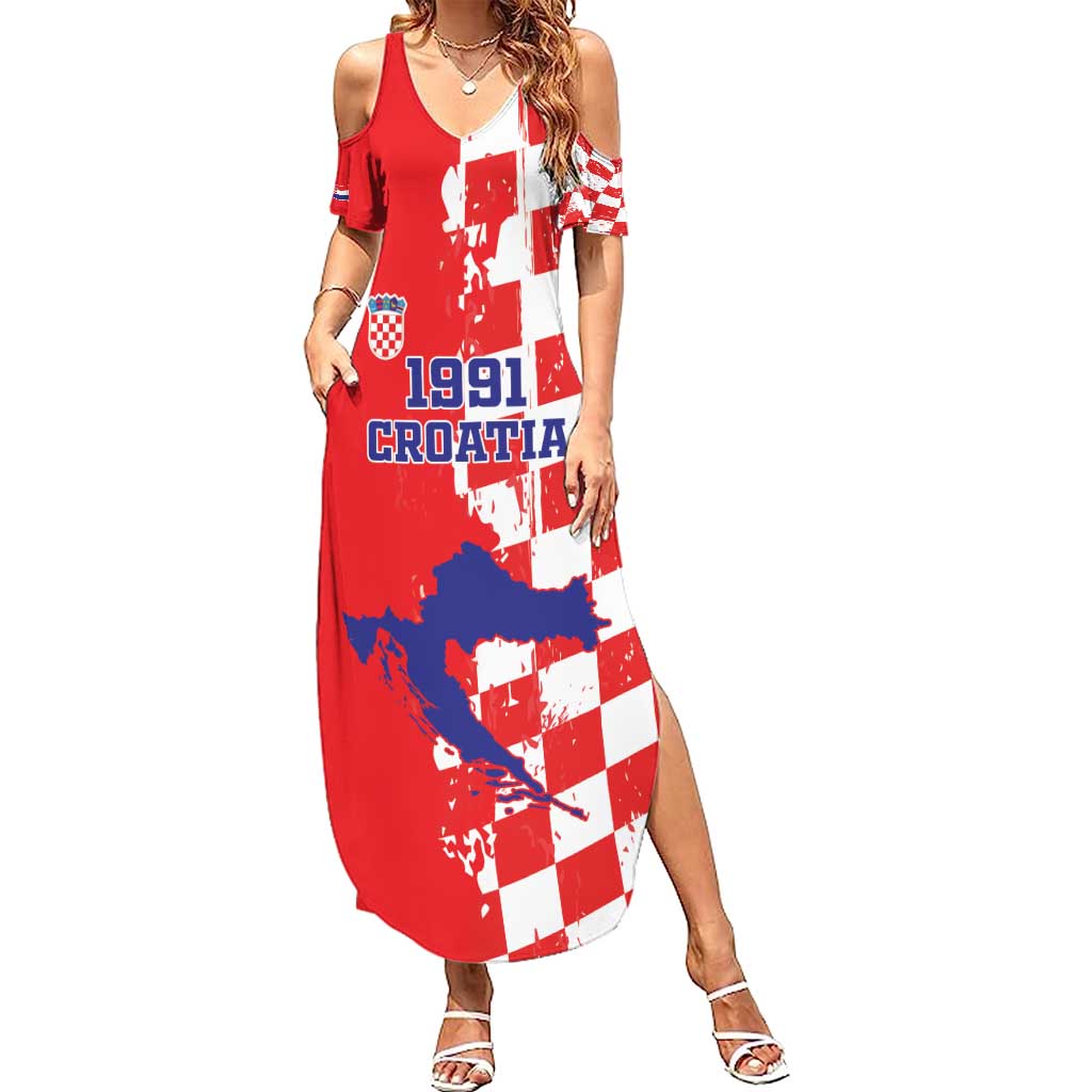 Custom Croatia Independence Day Summer Maxi Dress Grunge Checkerboard Patterns With Map - Wonder Print Shop