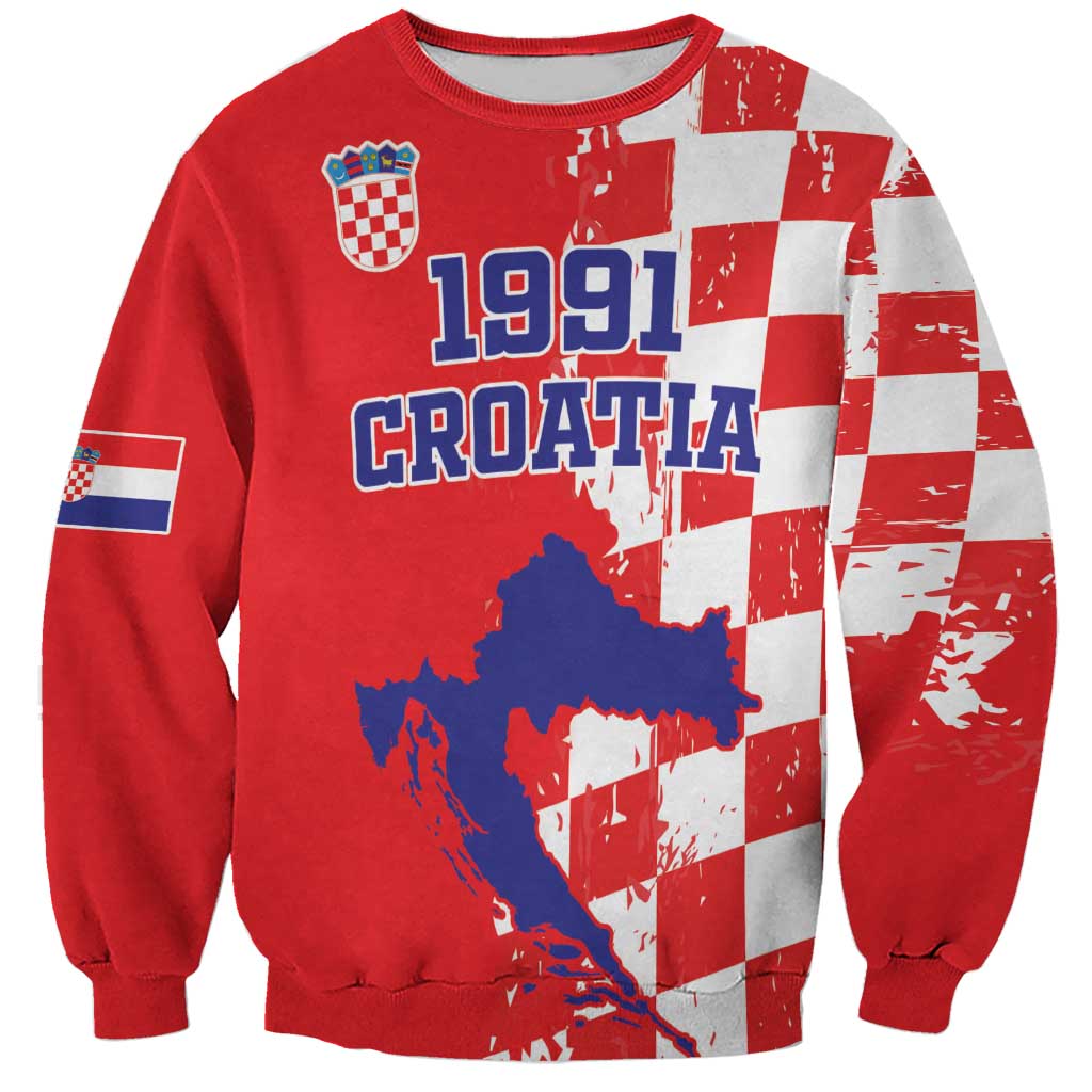 Custom Croatia Independence Day Sweatshirt Grunge Checkerboard Patterns With Map - Wonder Print Shop