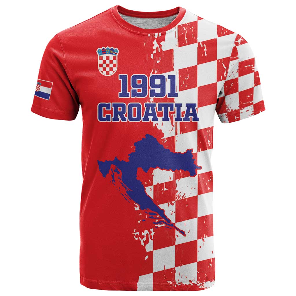 Custom Croatia Independence Day T Shirt Grunge Checkerboard Patterns With Map - Wonder Print Shop