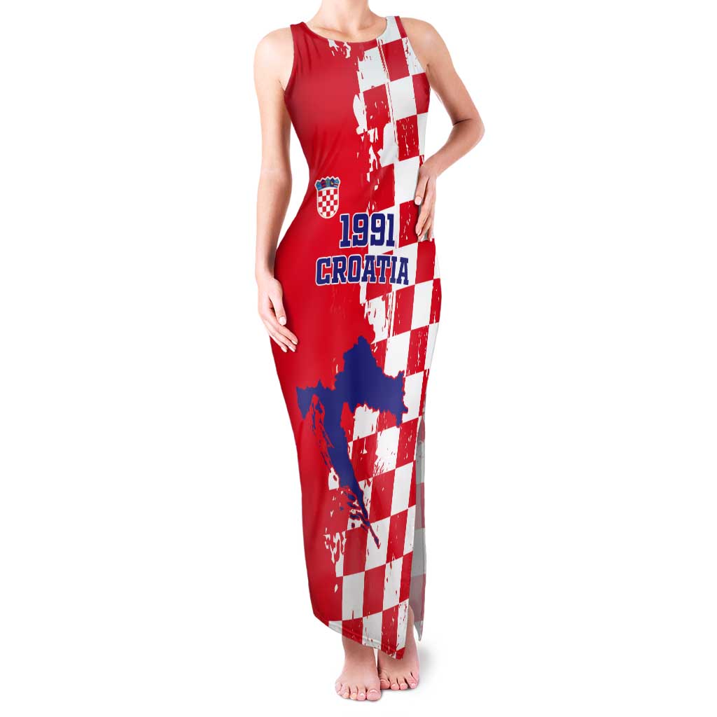 Custom Croatia Independence Day Tank Maxi Dress Grunge Checkerboard Patterns With Map - Wonder Print Shop