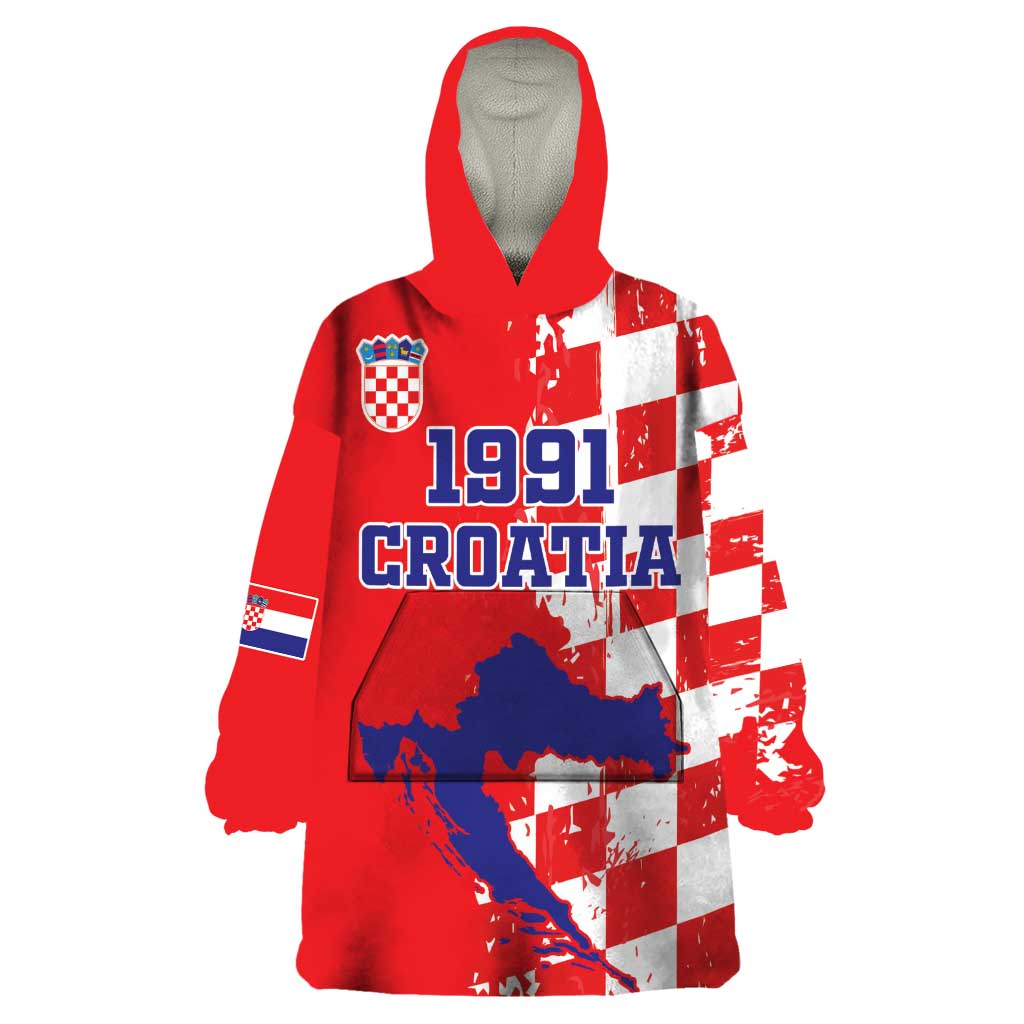 Custom Croatia Independence Day Wearable Blanket Hoodie Grunge Checkerboard Patterns With Map - Wonder Print Shop