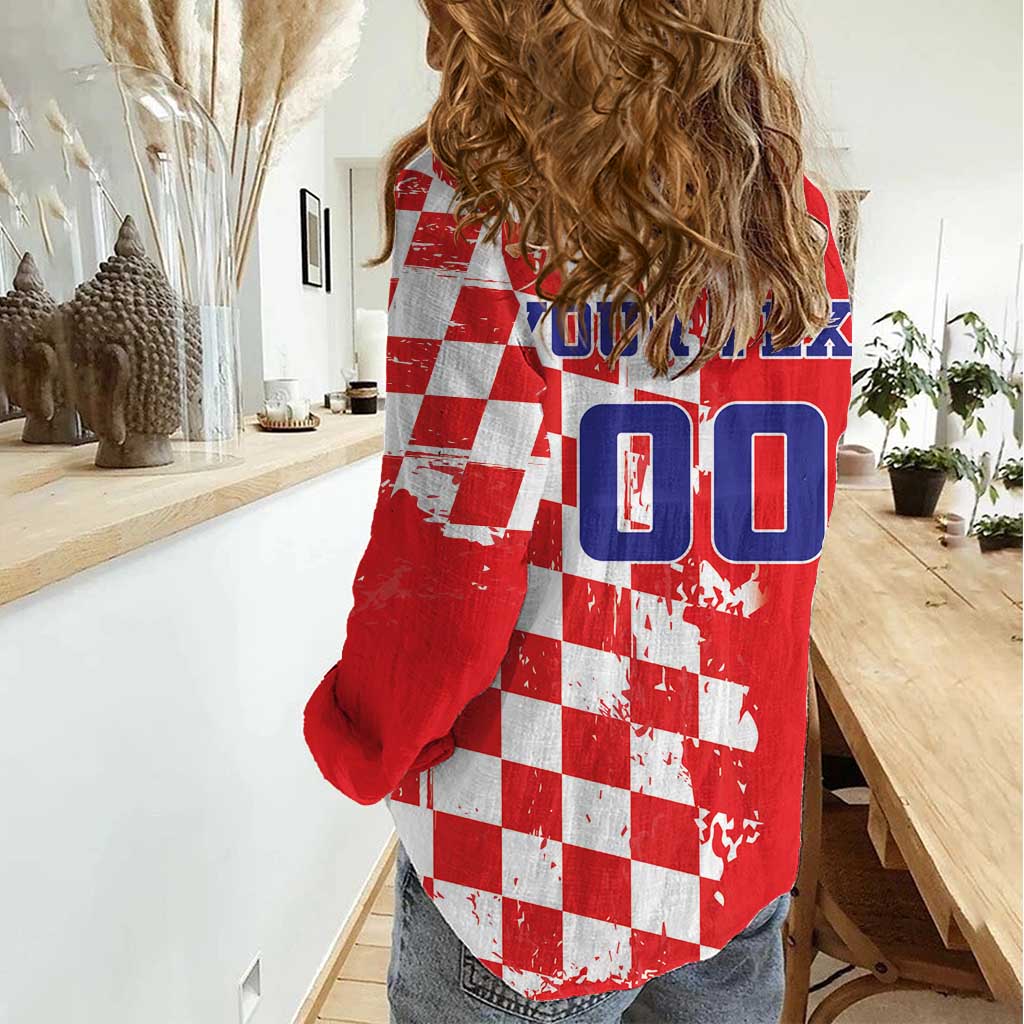 Custom Croatia Independence Day Women Casual Shirt Grunge Checkerboard Patterns With Map - Wonder Print Shop