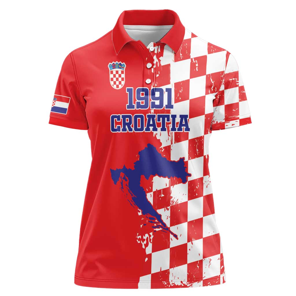 Custom Croatia Independence Day Women Polo Shirt Grunge Checkerboard Patterns With Map - Wonder Print Shop