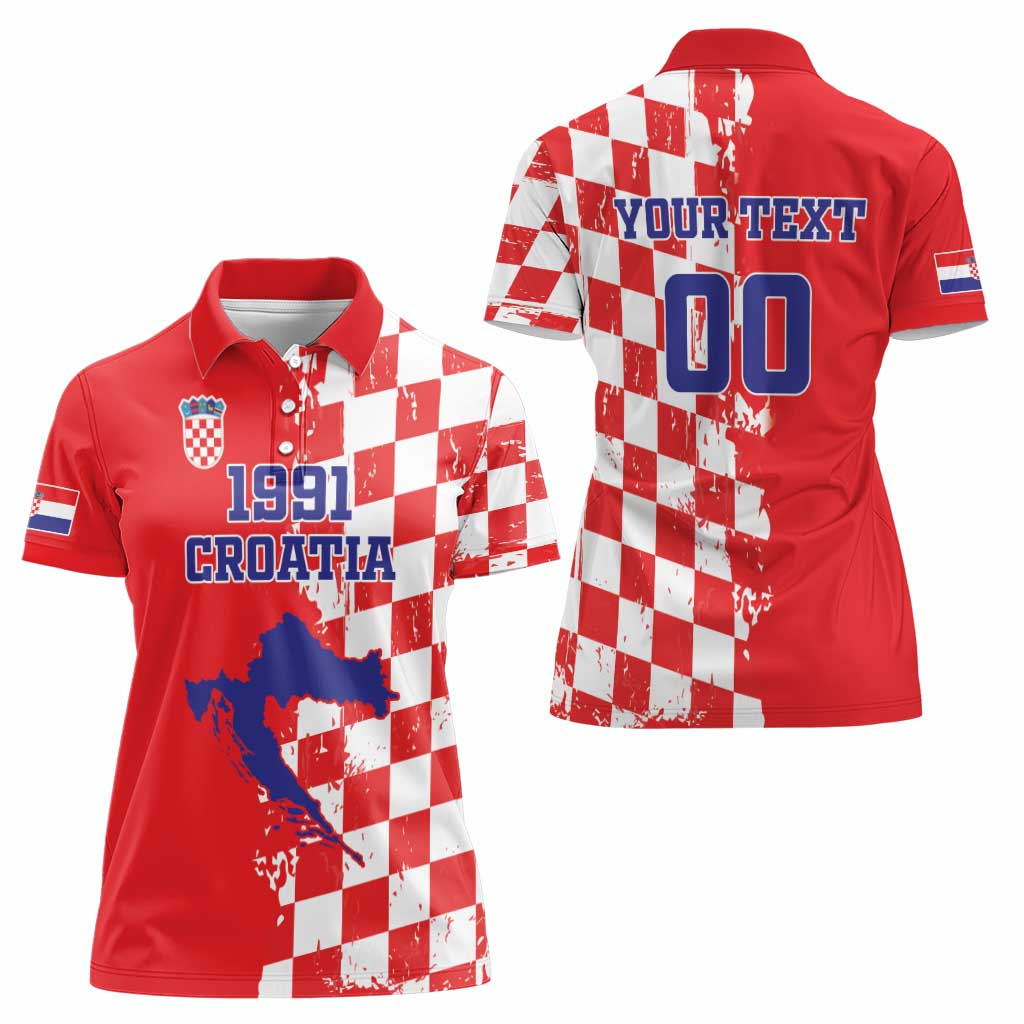 Custom Croatia Independence Day Women Polo Shirt Grunge Checkerboard Patterns With Map - Wonder Print Shop