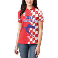 Custom Croatia Independence Day Women Polo Shirt Grunge Checkerboard Patterns With Map - Wonder Print Shop