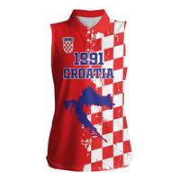 Custom Croatia Independence Day Women Sleeveless Polo Shirt Grunge Checkerboard Patterns With Map - Wonder Print Shop