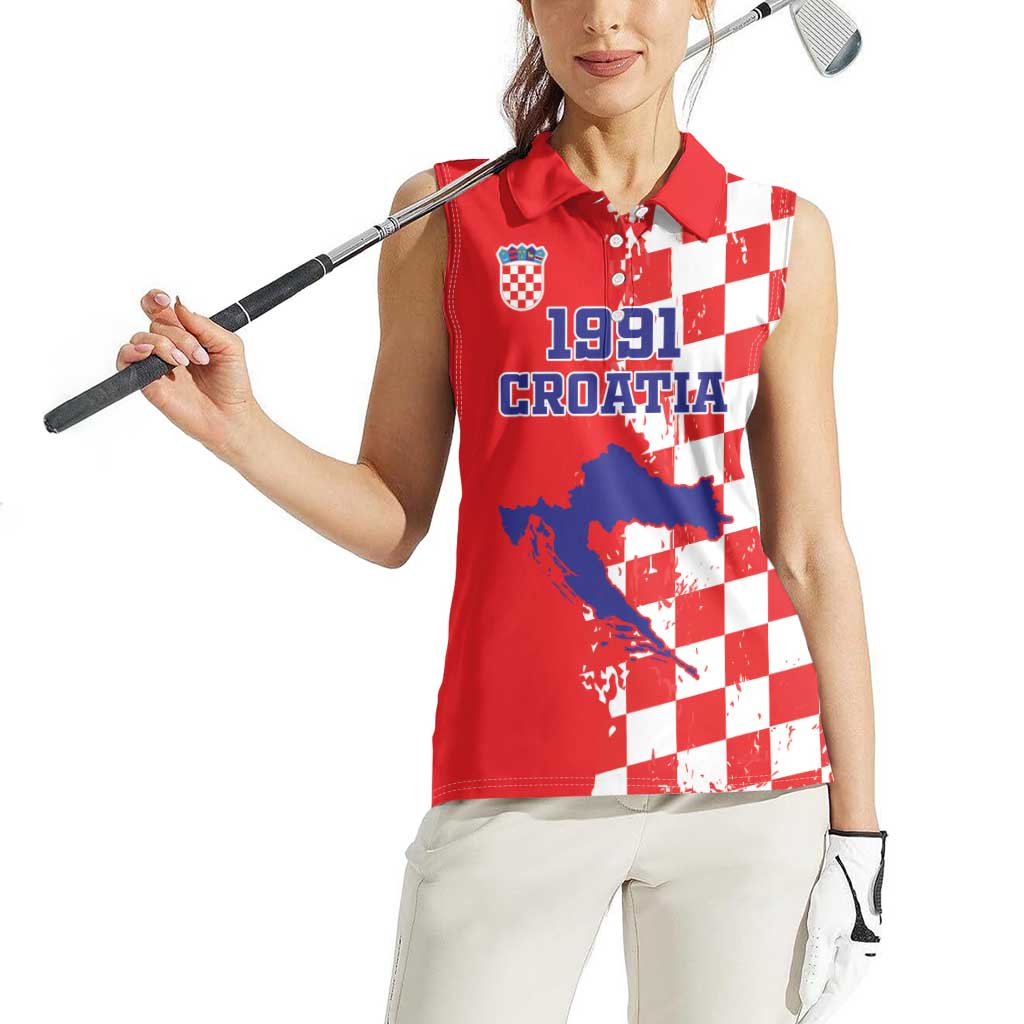 Custom Croatia Independence Day Women Sleeveless Polo Shirt Grunge Checkerboard Patterns With Map - Wonder Print Shop