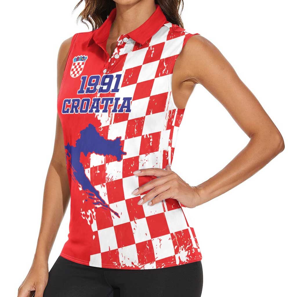 Custom Croatia Independence Day Women Sleeveless Polo Shirt Grunge Checkerboard Patterns With Map - Wonder Print Shop