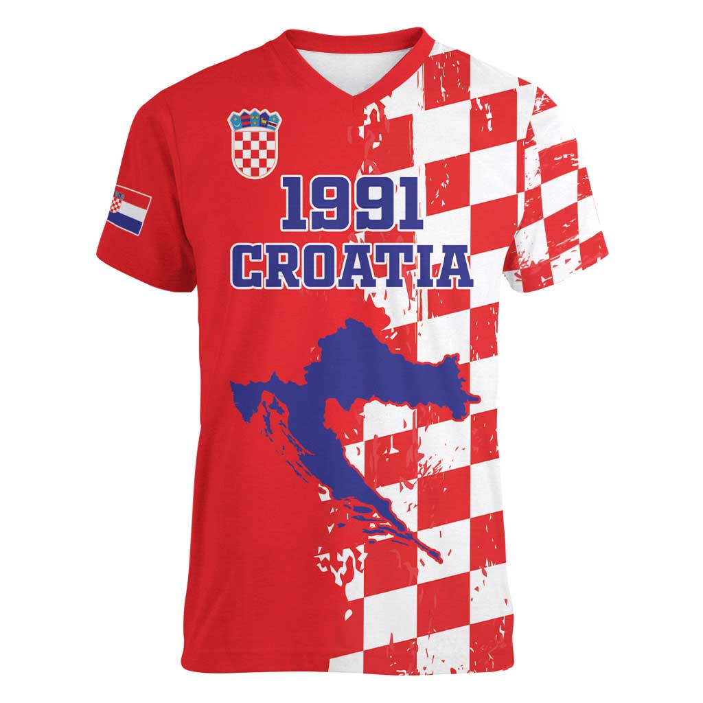 Custom Croatia Independence Day Women V-Neck T-Shirt Grunge Checkerboard Patterns With Map - Wonder Print Shop