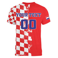 Custom Croatia Independence Day Women V-Neck T-Shirt Grunge Checkerboard Patterns With Map - Wonder Print Shop