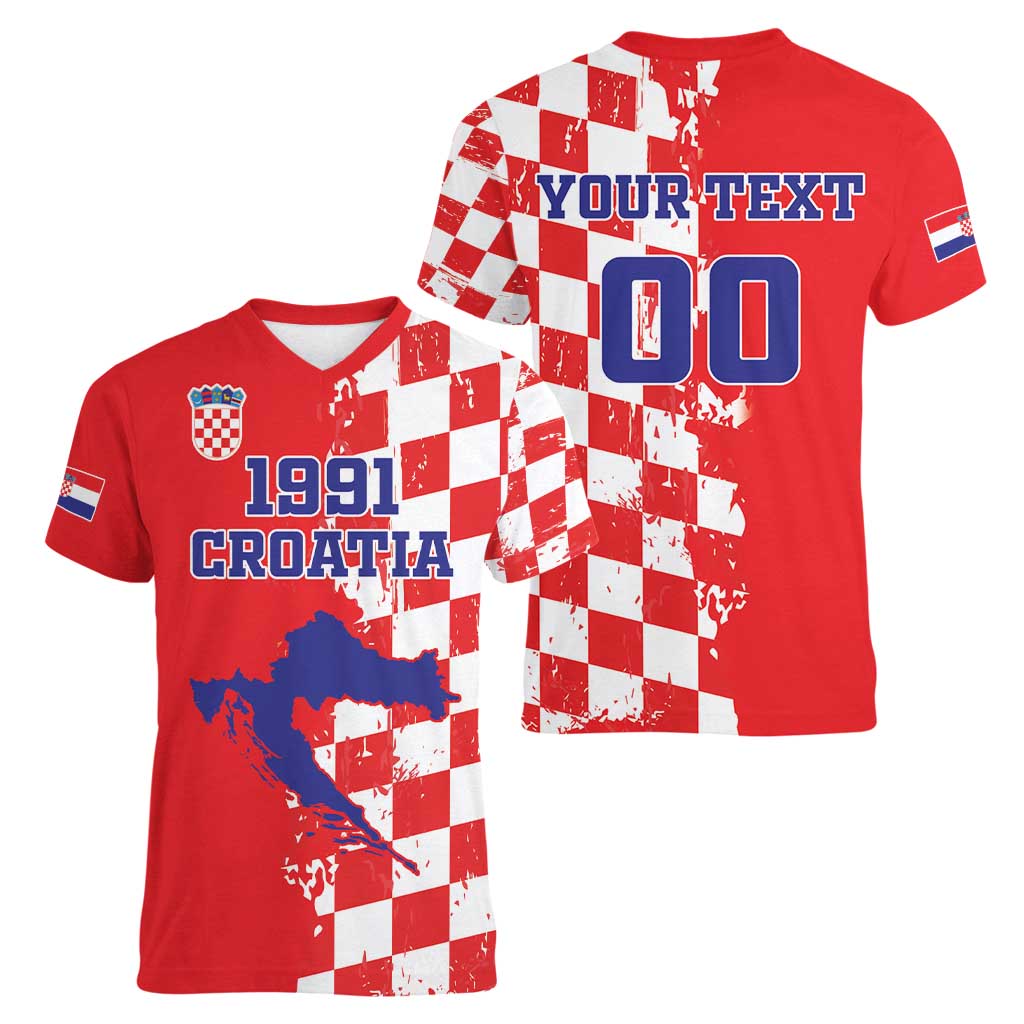 Custom Croatia Independence Day Women V-Neck T-Shirt Grunge Checkerboard Patterns With Map - Wonder Print Shop