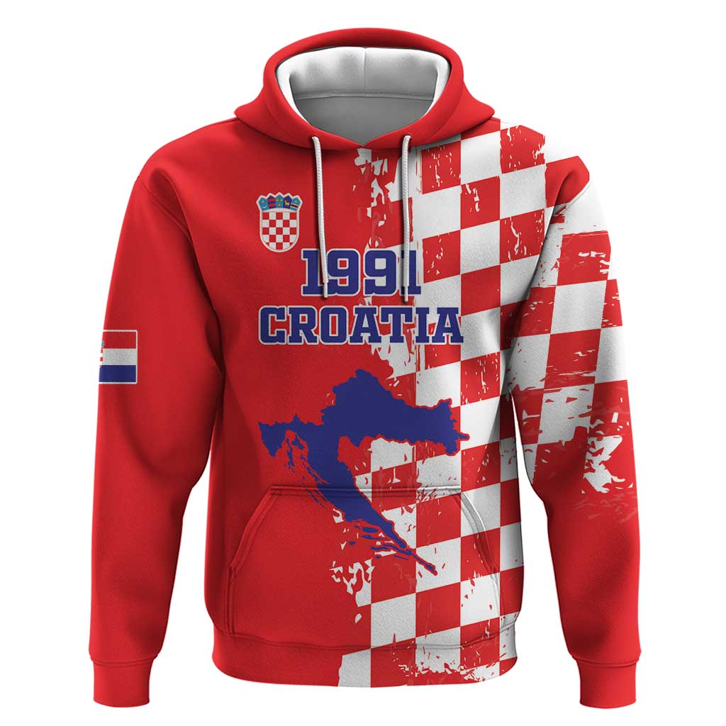 Custom Croatia Independence Day Zip Hoodie Grunge Checkerboard Patterns With Map - Wonder Print Shop