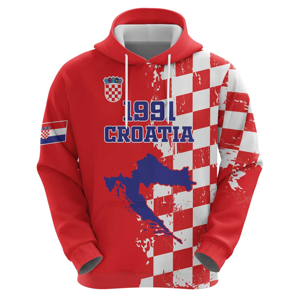 Custom Croatia Independence Day Zip Hoodie Grunge Checkerboard Patterns With Map - Wonder Print Shop