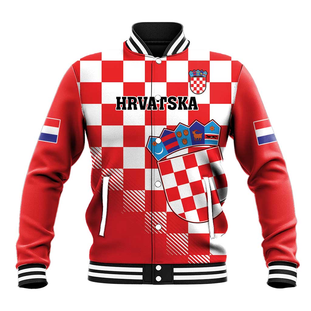 Custom Croatia Checkerboard Baseball Jacket With Coat Of Arms - Wonder Print Shop