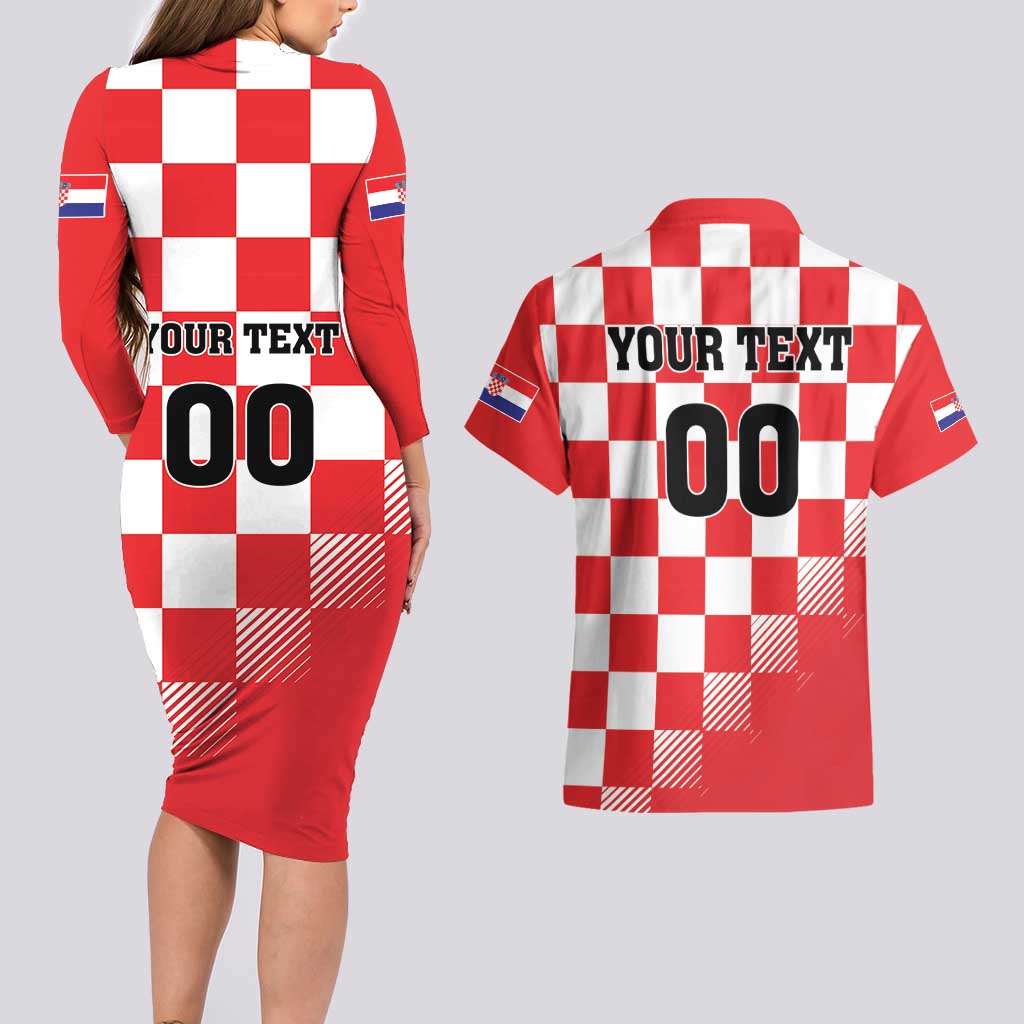 Custom Croatia Checkerboard Couples Matching Long Sleeve Bodycon Dress and Hawaiian Shirt With Coat Of Arms - Wonder Print Shop