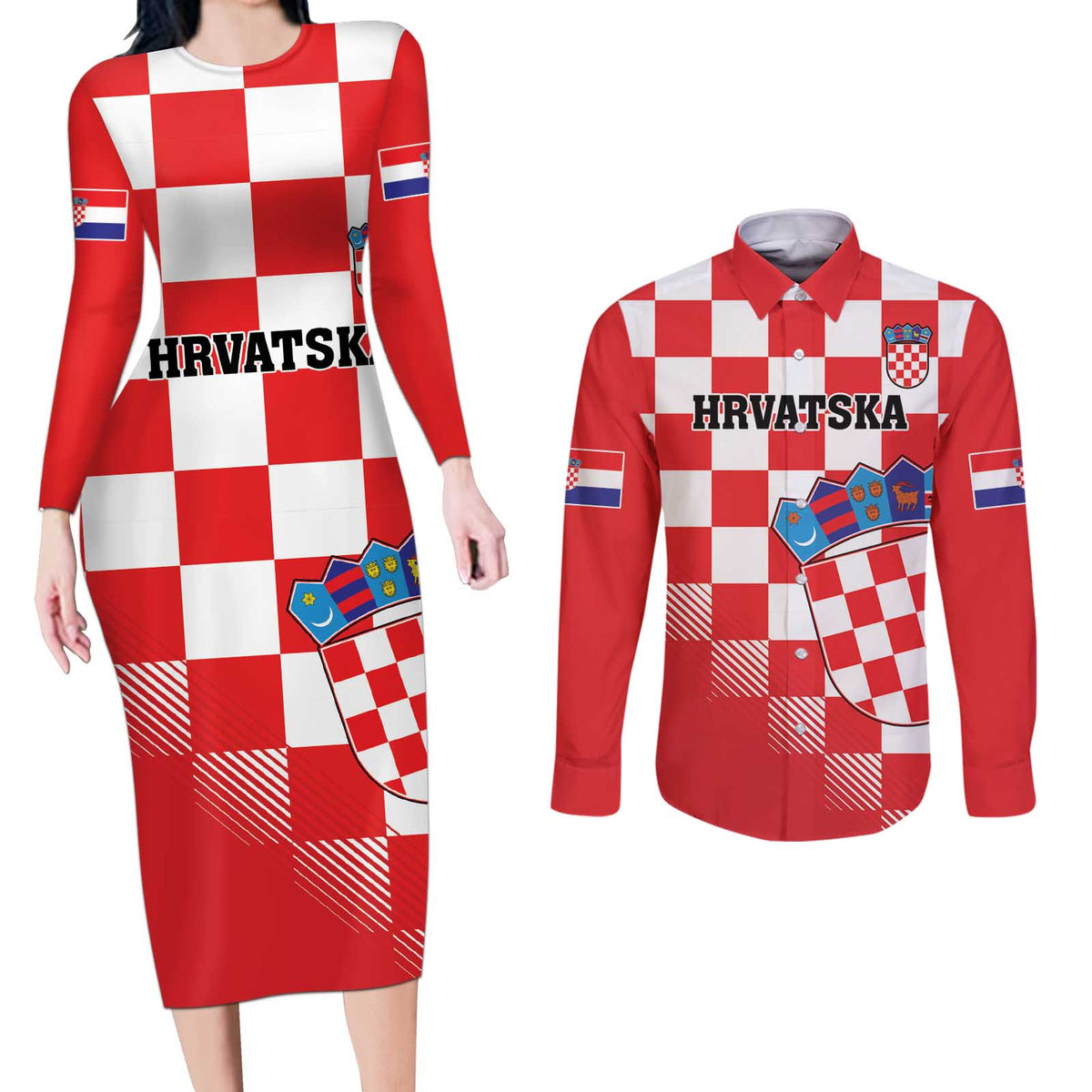 Custom Croatia Checkerboard Couples Matching Long Sleeve Bodycon Dress and Long Sleeve Button Shirt With Coat Of Arms - Wonder Print Shop