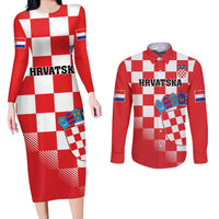 Custom Croatia Checkerboard Couples Matching Long Sleeve Bodycon Dress and Long Sleeve Button Shirt With Coat Of Arms - Wonder Print Shop
