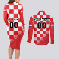 Custom Croatia Checkerboard Couples Matching Long Sleeve Bodycon Dress and Long Sleeve Button Shirt With Coat Of Arms - Wonder Print Shop