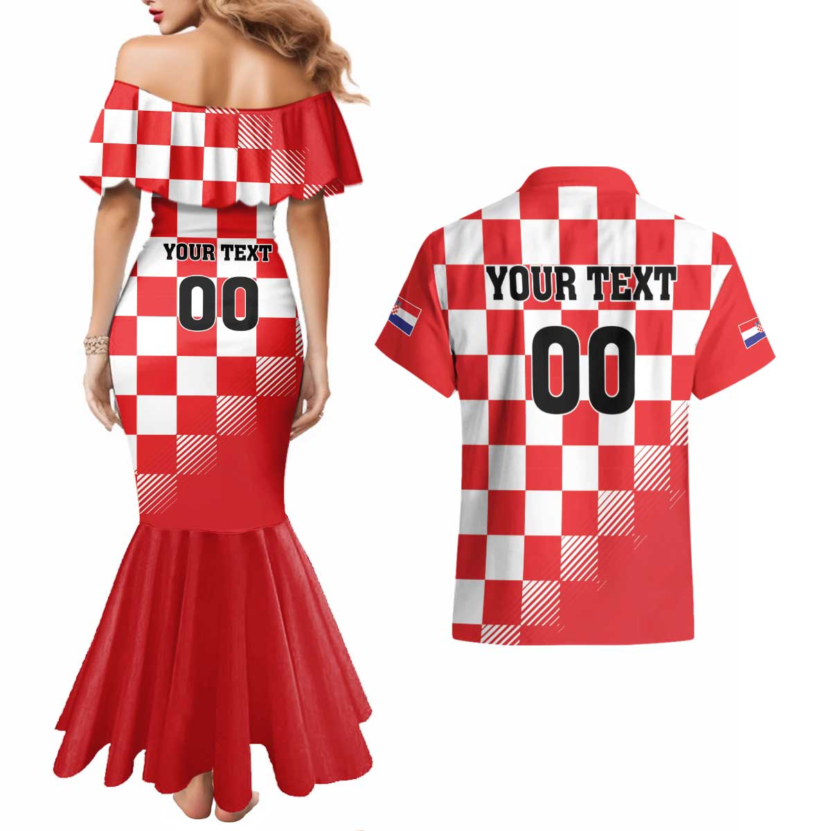 Custom Croatia Checkerboard Couples Matching Mermaid Dress and Hawaiian Shirt With Coat Of Arms - Wonder Print Shop