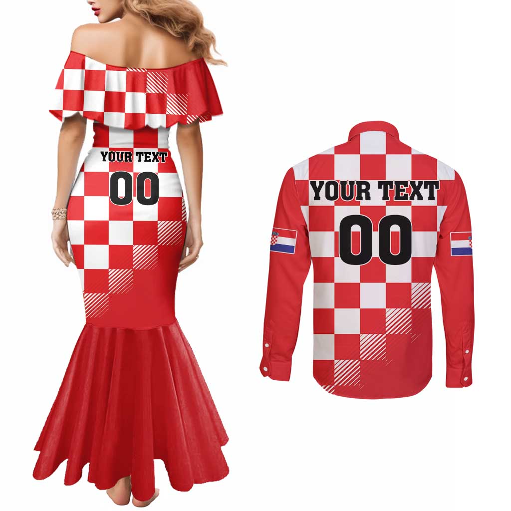 Custom Croatia Checkerboard Couples Matching Mermaid Dress and Long Sleeve Button Shirt With Coat Of Arms