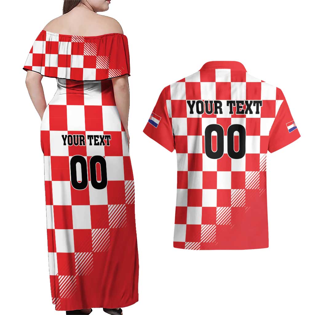 Custom Croatia Checkerboard Couples Matching Off Shoulder Maxi Dress and Hawaiian Shirt With Coat Of Arms - Wonder Print Shop