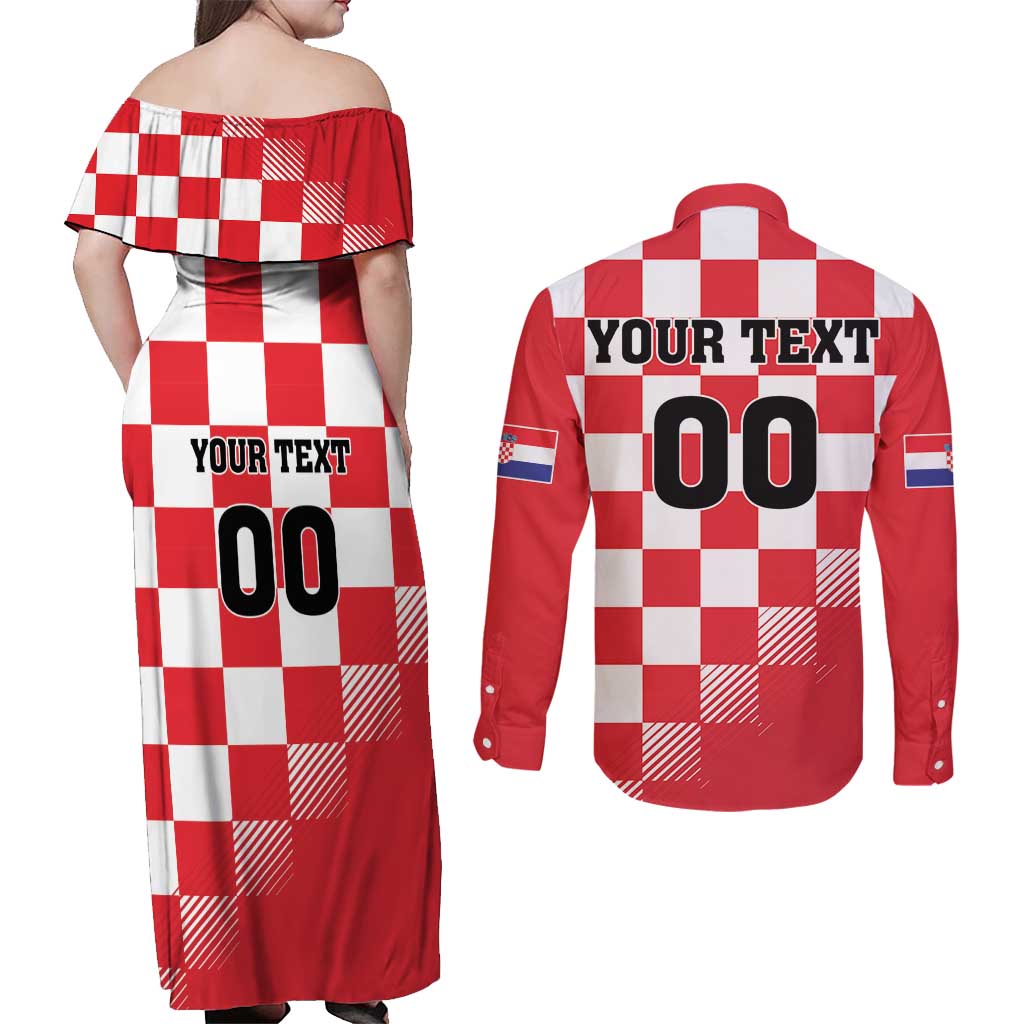 Custom Croatia Checkerboard Couples Matching Off Shoulder Maxi Dress and Long Sleeve Button Shirt With Coat Of Arms - Wonder Print Shop