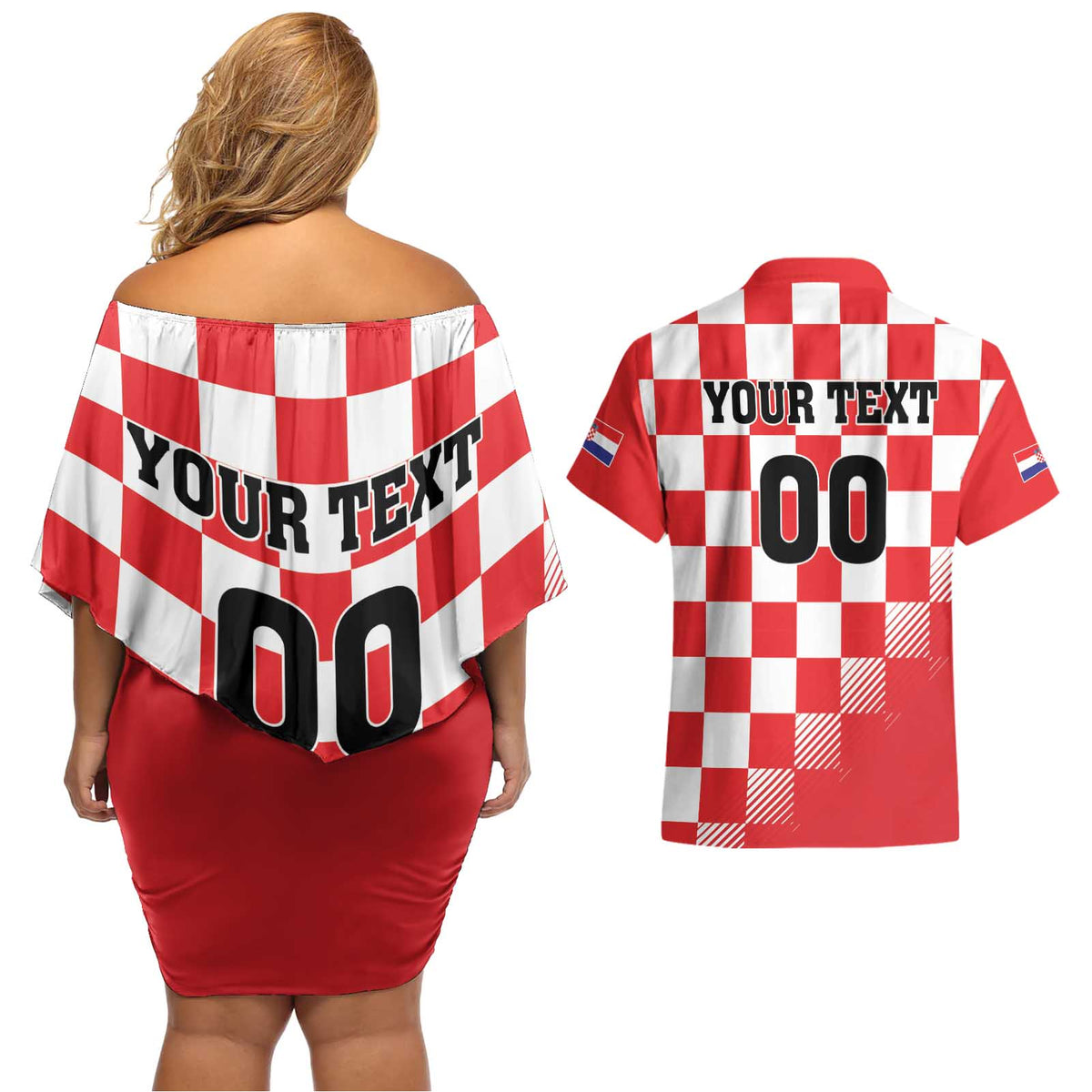 Custom Croatia Checkerboard Couples Matching Off Shoulder Short Dress and Hawaiian Shirt With Coat Of Arms - Wonder Print Shop