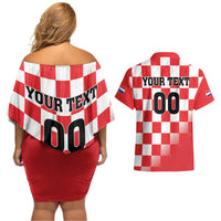 Custom Croatia Checkerboard Couples Matching Off Shoulder Short Dress and Hawaiian Shirt With Coat Of Arms - Wonder Print Shop