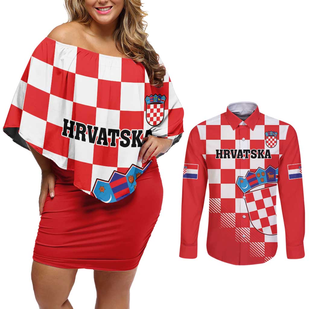 Custom Croatia Checkerboard Couples Matching Off Shoulder Short Dress and Long Sleeve Button Shirt With Coat Of Arms - Wonder Print Shop