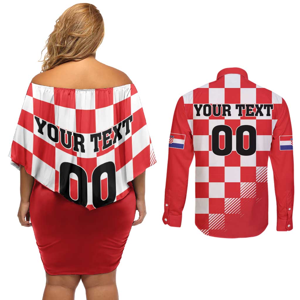 Custom Croatia Checkerboard Couples Matching Off Shoulder Short Dress and Long Sleeve Button Shirt With Coat Of Arms - Wonder Print Shop