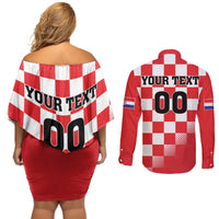Custom Croatia Checkerboard Couples Matching Off Shoulder Short Dress and Long Sleeve Button Shirt With Coat Of Arms - Wonder Print Shop
