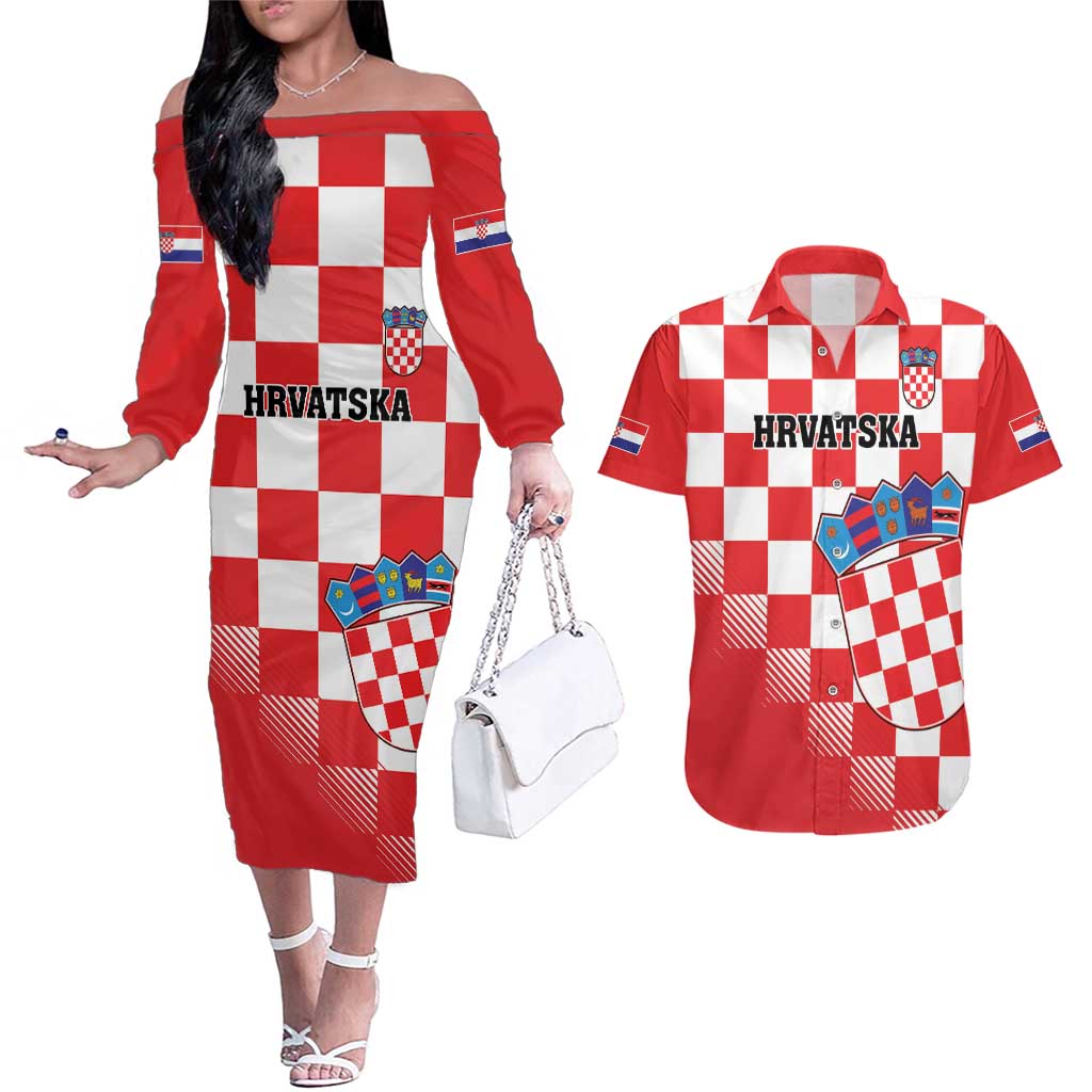 Custom Croatia Checkerboard Couples Matching Off The Shoulder Long Sleeve Dress and Hawaiian Shirt With Coat Of Arms - Wonder Print Shop