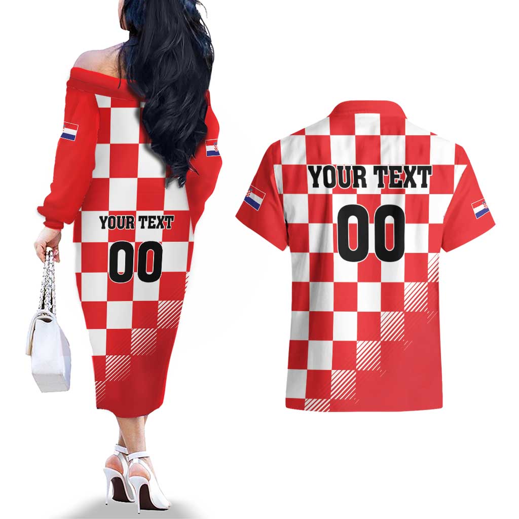 Custom Croatia Checkerboard Couples Matching Off The Shoulder Long Sleeve Dress and Hawaiian Shirt With Coat Of Arms - Wonder Print Shop