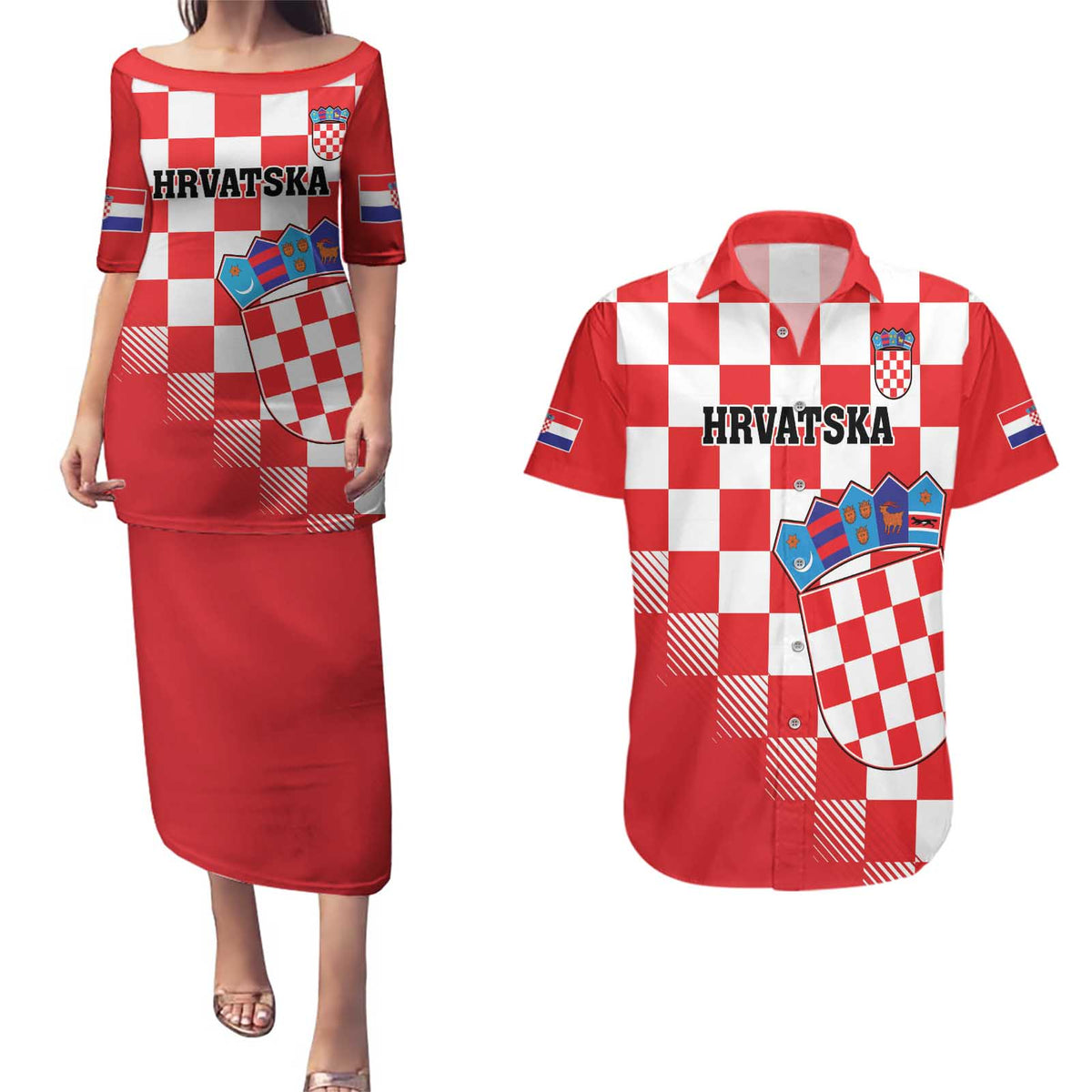 Custom Croatia Checkerboard Couples Matching Puletasi and Hawaiian Shirt With Coat Of Arms - Wonder Print Shop