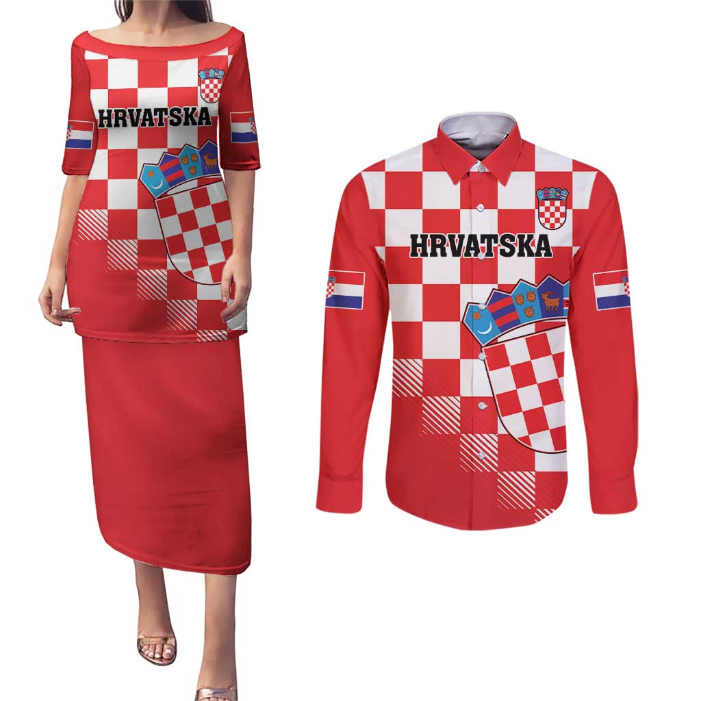 Custom Croatia Checkerboard Couples Matching Puletasi and Long Sleeve Button Shirt With Coat Of Arms - Wonder Print Shop