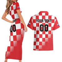 Custom Croatia Checkerboard Couples Matching Short Sleeve Bodycon Dress and Hawaiian Shirt With Coat Of Arms - Wonder Print Shop