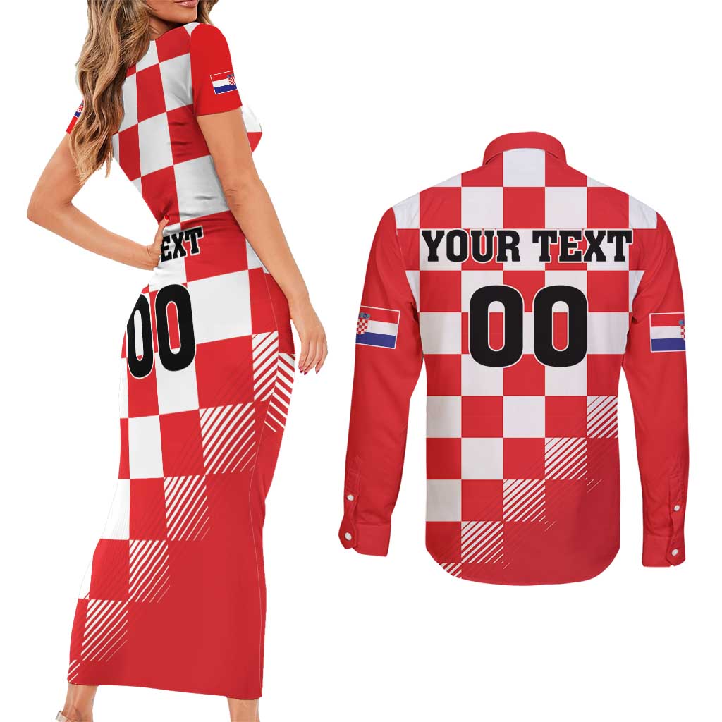 Custom Croatia Checkerboard Couples Matching Short Sleeve Bodycon Dress and Long Sleeve Button Shirt With Coat Of Arms - Wonder Print Shop