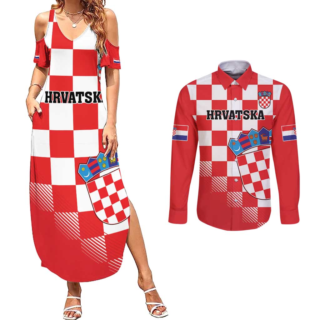 Custom Croatia Checkerboard Couples Matching Summer Maxi Dress and Long Sleeve Button Shirt With Coat Of Arms - Wonder Print Shop