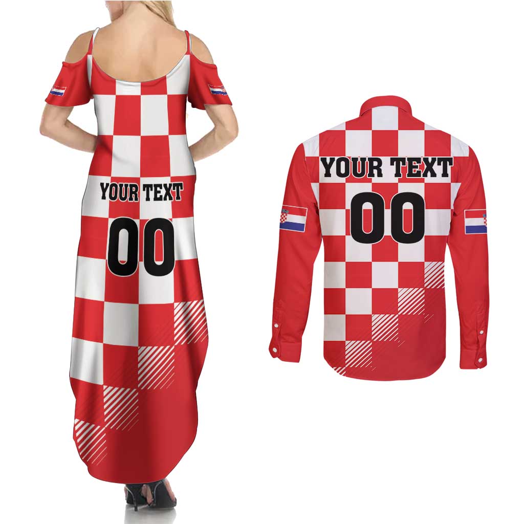 Custom Croatia Checkerboard Couples Matching Summer Maxi Dress and Long Sleeve Button Shirt With Coat Of Arms - Wonder Print Shop