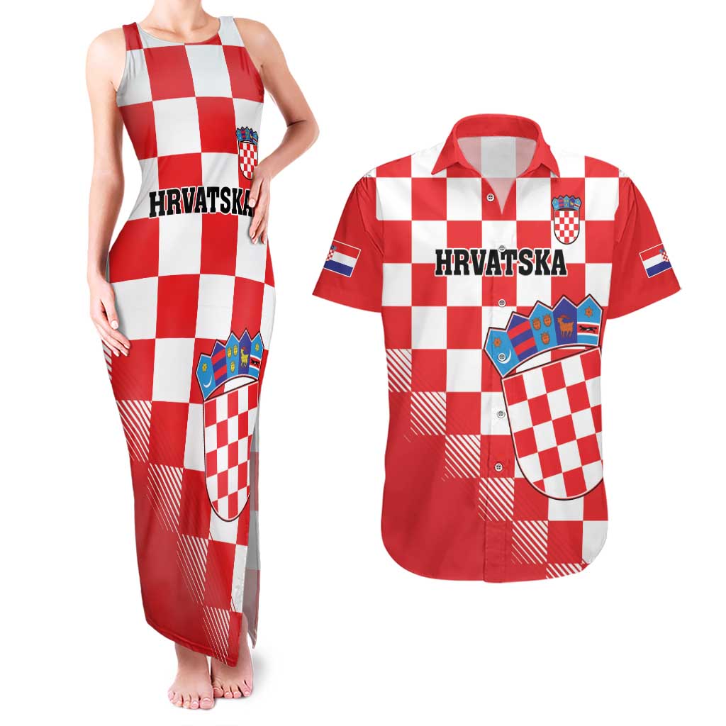 Custom Croatia Checkerboard Couples Matching Tank Maxi Dress and Hawaiian Shirt With Coat Of Arms - Wonder Print Shop