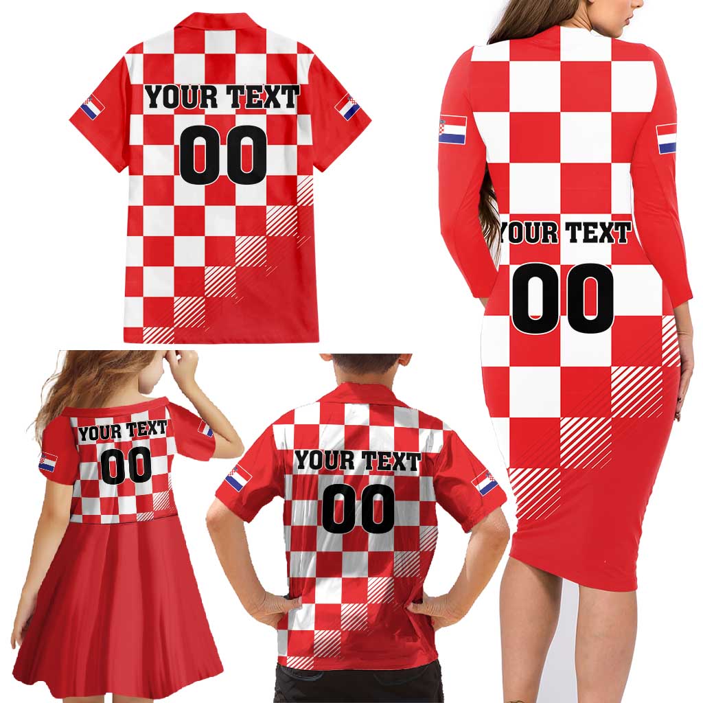 Custom Croatia Checkerboard Family Matching Long Sleeve Bodycon Dress and Hawaiian Shirt With Coat Of Arms - Wonder Print Shop