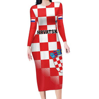 Custom Croatia Checkerboard Family Matching Long Sleeve Bodycon Dress and Hawaiian Shirt With Coat Of Arms - Wonder Print Shop