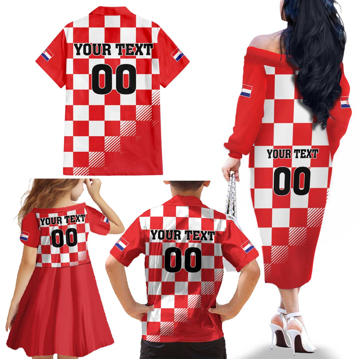Custom Croatia Checkerboard Family Matching Off The Shoulder Long Sleeve Dress and Hawaiian Shirt With Coat Of Arms - Wonder Print Shop