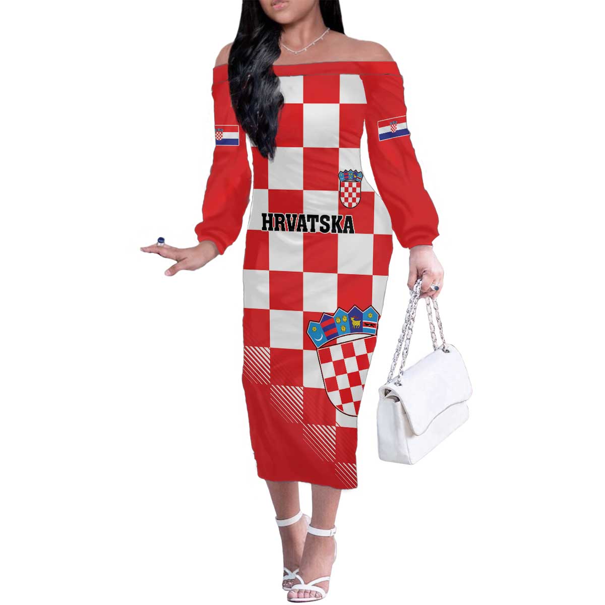 Custom Croatia Checkerboard Family Matching Off The Shoulder Long Sleeve Dress and Hawaiian Shirt With Coat Of Arms - Wonder Print Shop