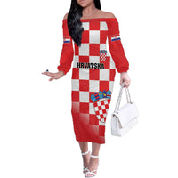 Custom Croatia Checkerboard Family Matching Off The Shoulder Long Sleeve Dress and Hawaiian Shirt With Coat Of Arms - Wonder Print Shop