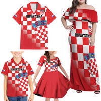 Custom Croatia Checkerboard Family Matching Off Shoulder Maxi Dress and Hawaiian Shirt With Coat Of Arms - Wonder Print Shop