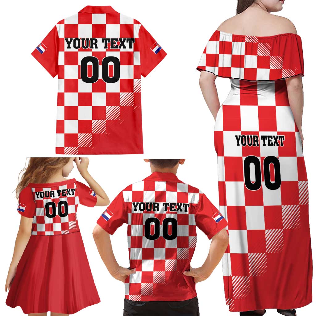 Custom Croatia Checkerboard Family Matching Off Shoulder Maxi Dress and Hawaiian Shirt With Coat Of Arms - Wonder Print Shop