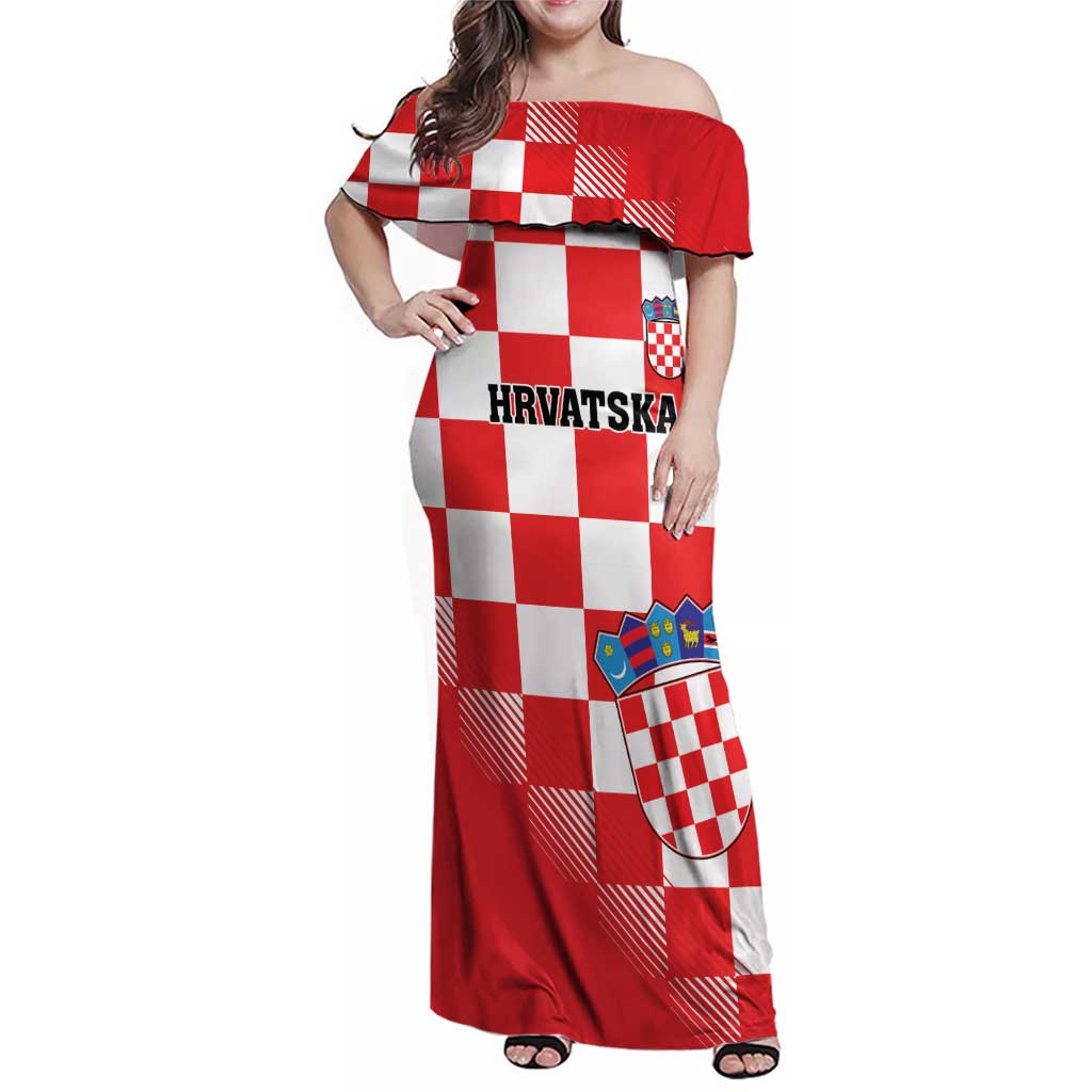 Custom Croatia Checkerboard Family Matching Off Shoulder Maxi Dress and Hawaiian Shirt With Coat Of Arms - Wonder Print Shop