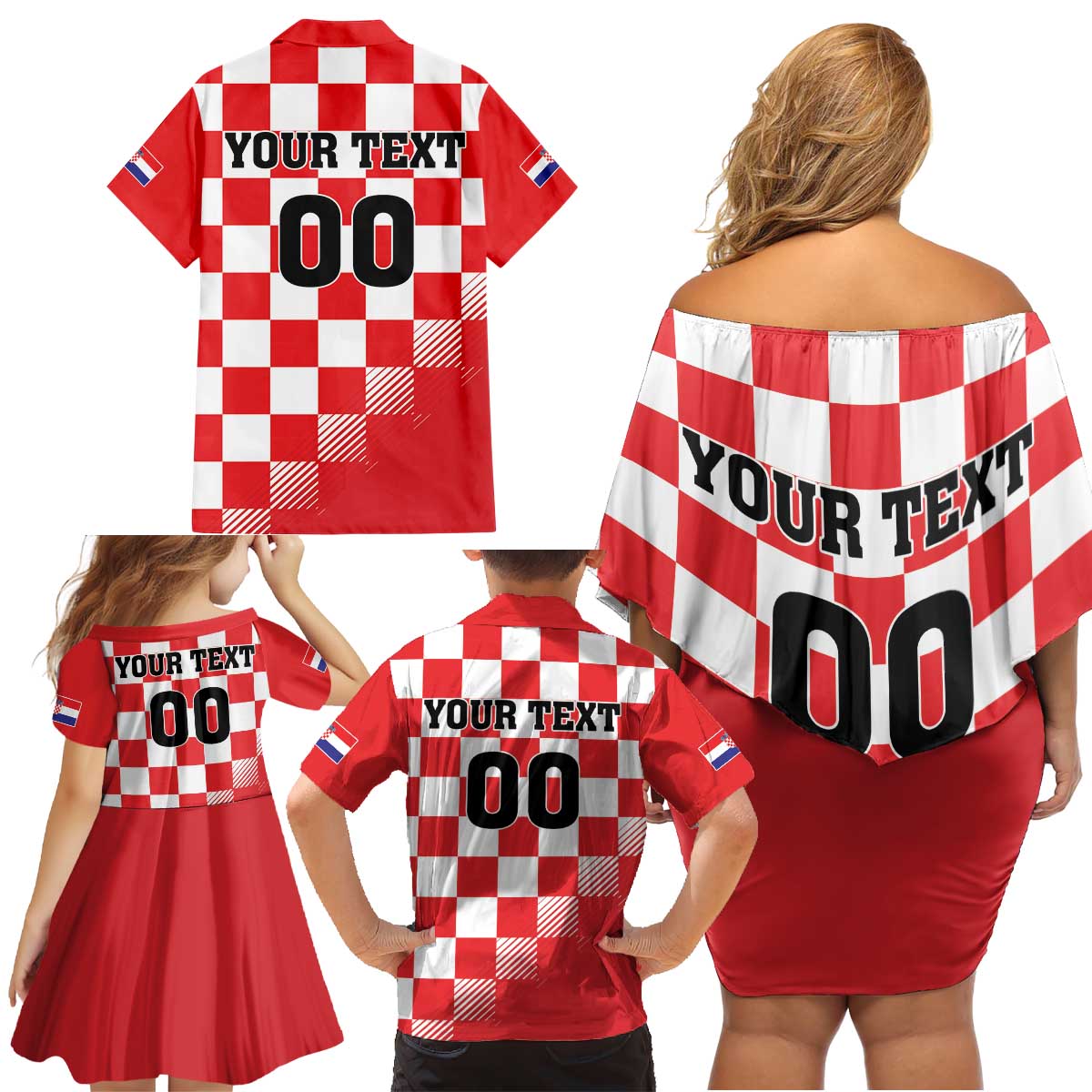Custom Croatia Checkerboard Family Matching Off Shoulder Short Dress and Hawaiian Shirt With Coat Of Arms - Wonder Print Shop