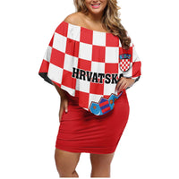 Custom Croatia Checkerboard Family Matching Off Shoulder Short Dress and Hawaiian Shirt With Coat Of Arms - Wonder Print Shop